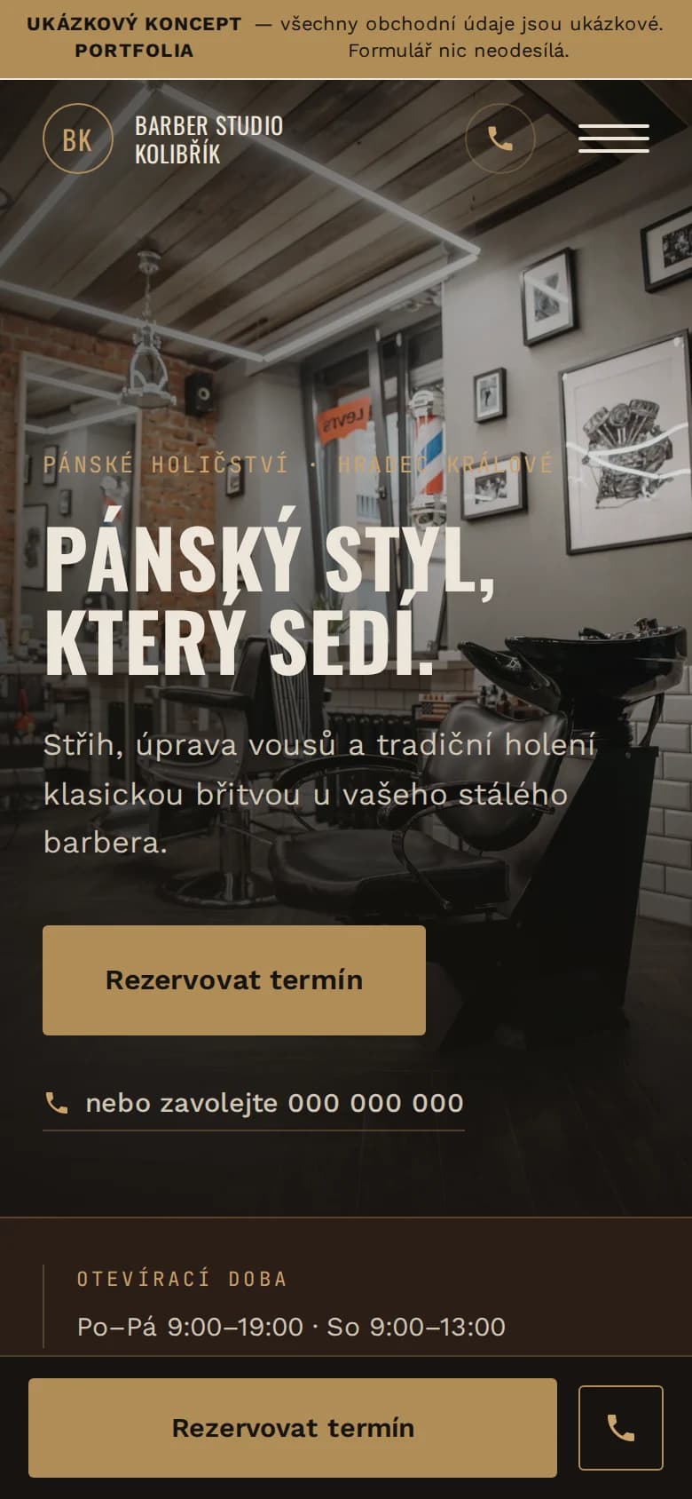 Mobilní podoba demo webu Barber Studio Kolibřík s úvodní sekcí a rezervačním tlačítkem